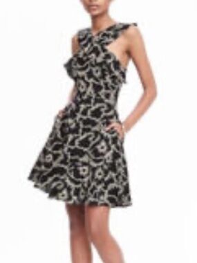 Banana Republic Black and White Floral Ruffle Fit-and-Flare Mini Dress